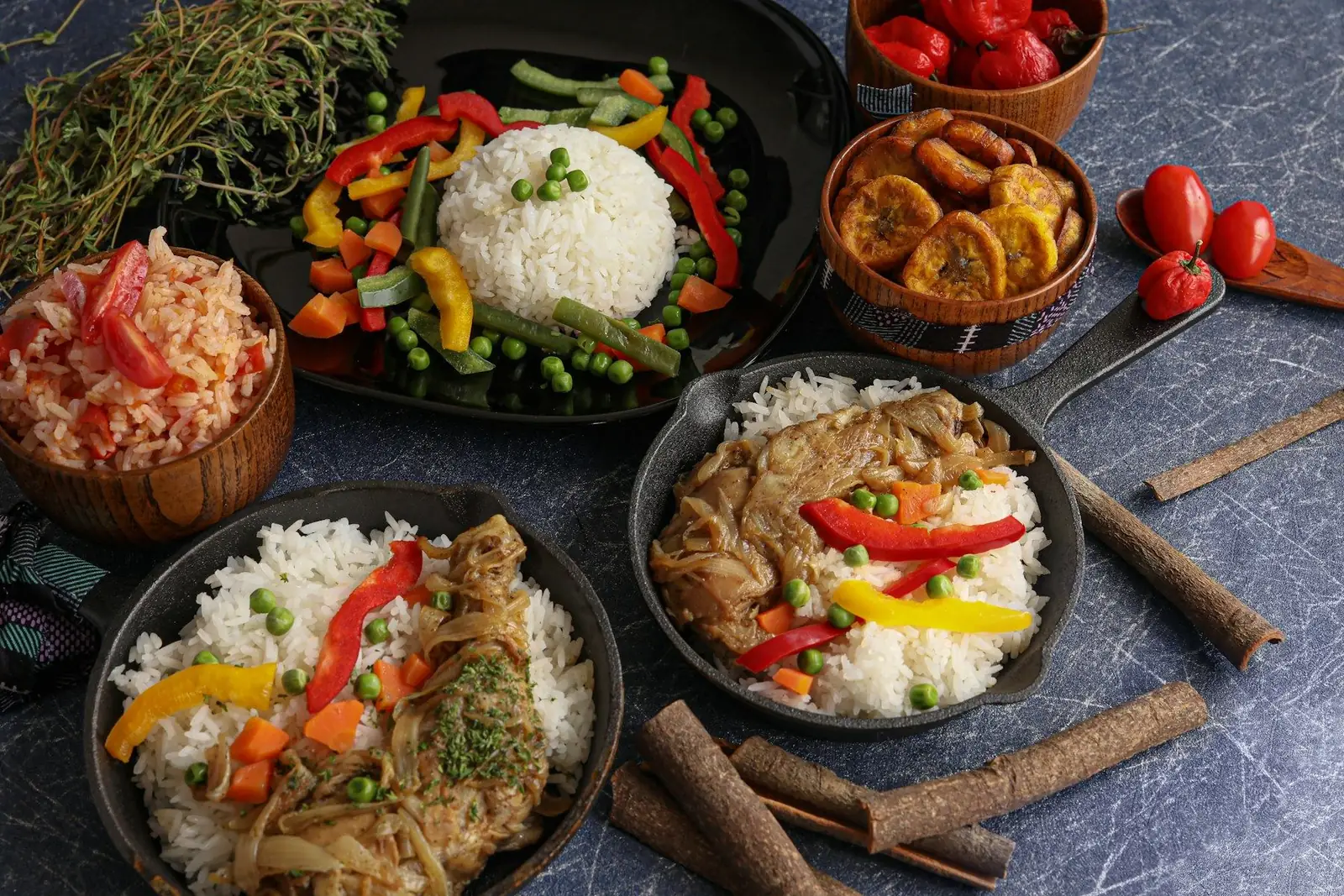 A table spread with shared bowls of food